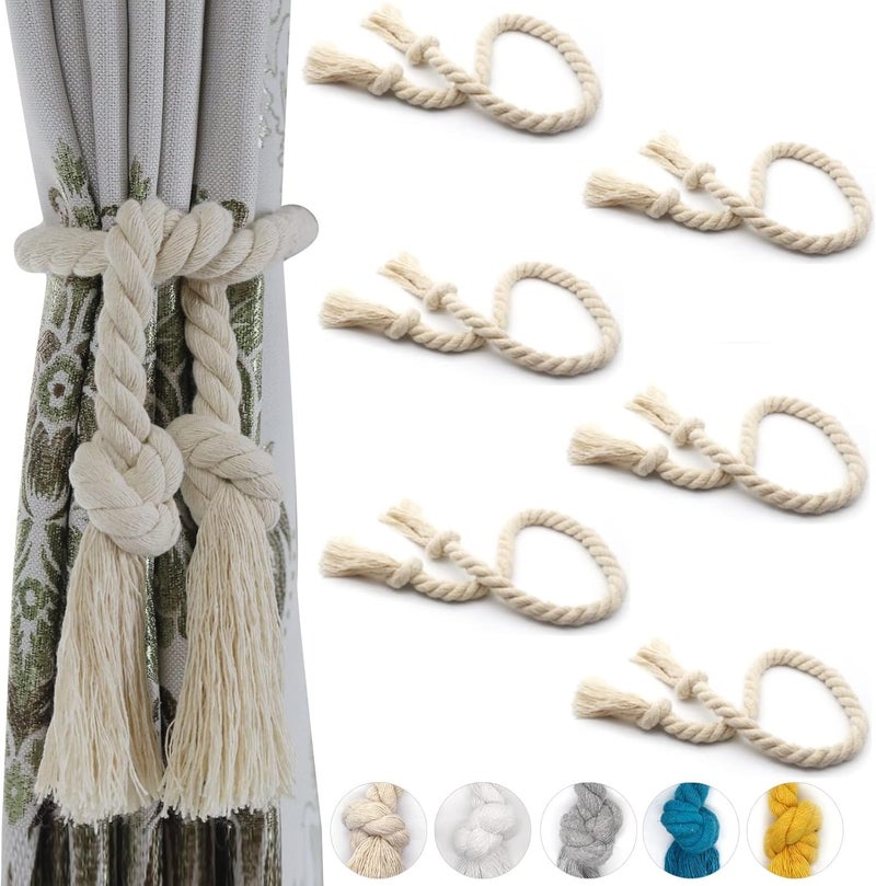Yteseery 6 Pack Curtain Tiebacks, Outdoor Curtain Ties, Natural Cotton Curtain Holders, Village Rural Rustic Curtain Holdbacks, Farmhouse Boho Rope Curtain Tie Back for Drapery Patio, Beige - Image 1